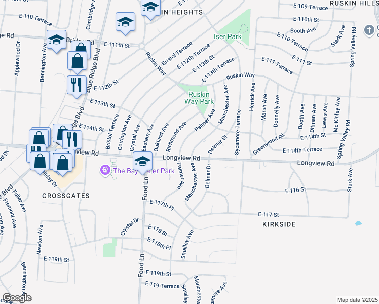map of restaurants, bars, coffee shops, grocery stores, and more near 11419 Palmer Avenue in Kansas City