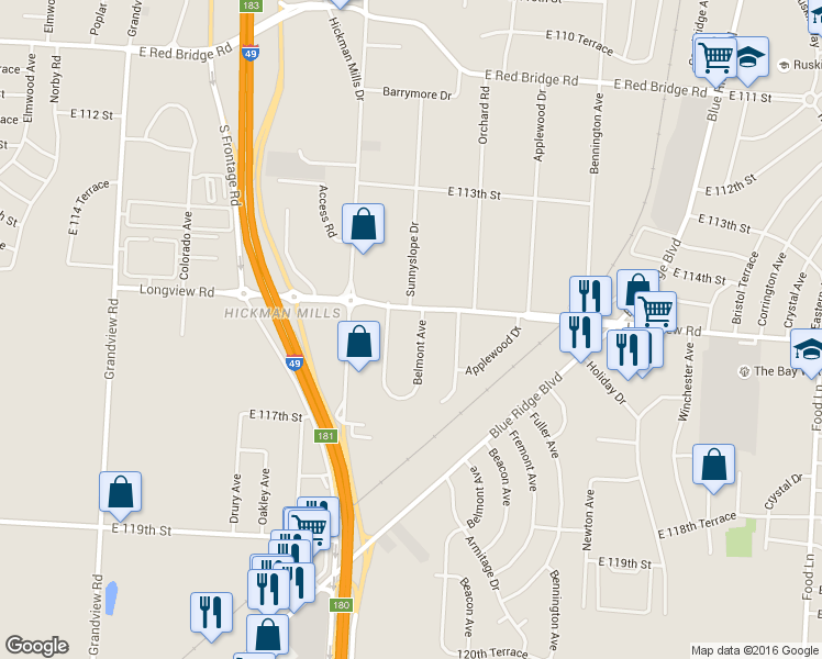 map of restaurants, bars, coffee shops, grocery stores, and more near 11500 Belmont Avenue in Kansas City