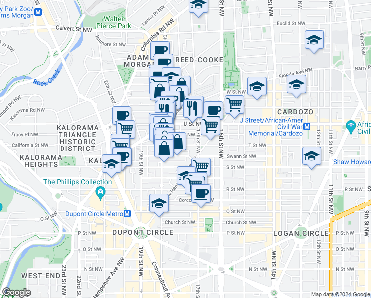 map of restaurants, bars, coffee shops, grocery stores, and more near 1724 T Street Northwest in Washington