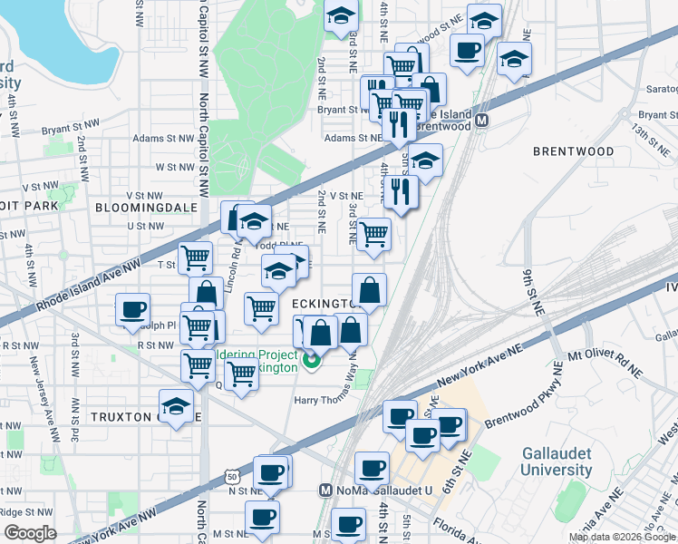 map of restaurants, bars, coffee shops, grocery stores, and more near 219 T Street Northeast in Washington