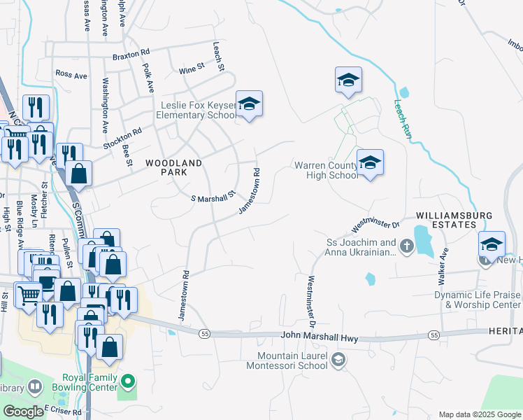 map of restaurants, bars, coffee shops, grocery stores, and more near 203 Cavalier Drive in Front Royal