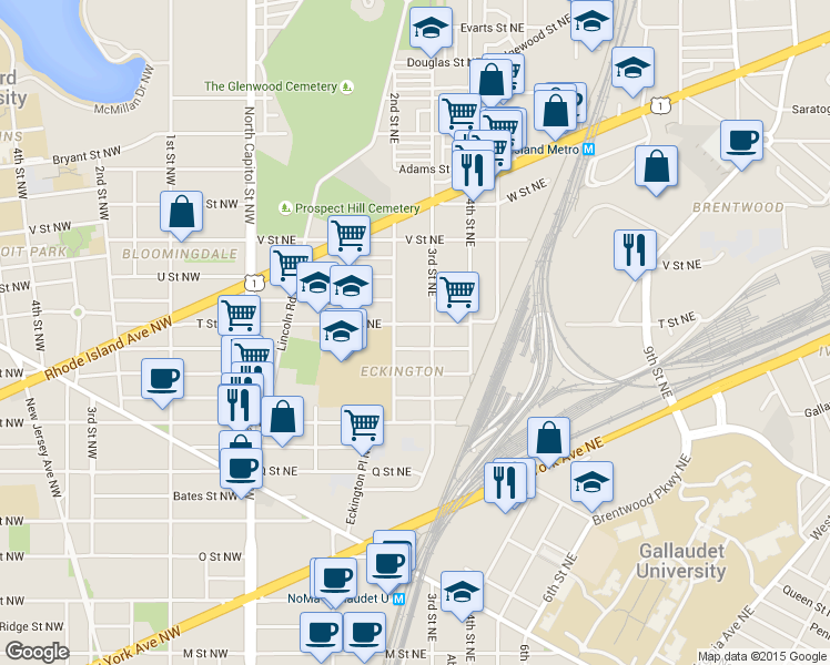 map of restaurants, bars, coffee shops, grocery stores, and more near 219 T Street Northeast in Washington