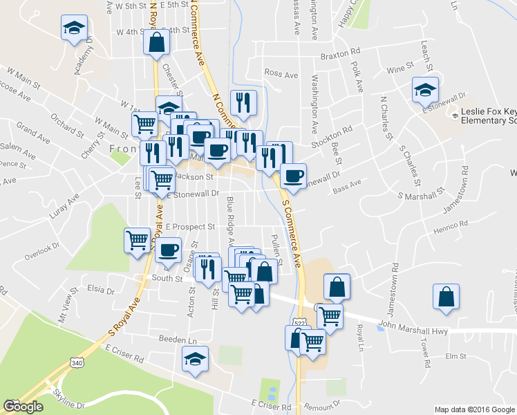 map of restaurants, bars, coffee shops, grocery stores, and more near 218 Fletcher Street in Front Royal