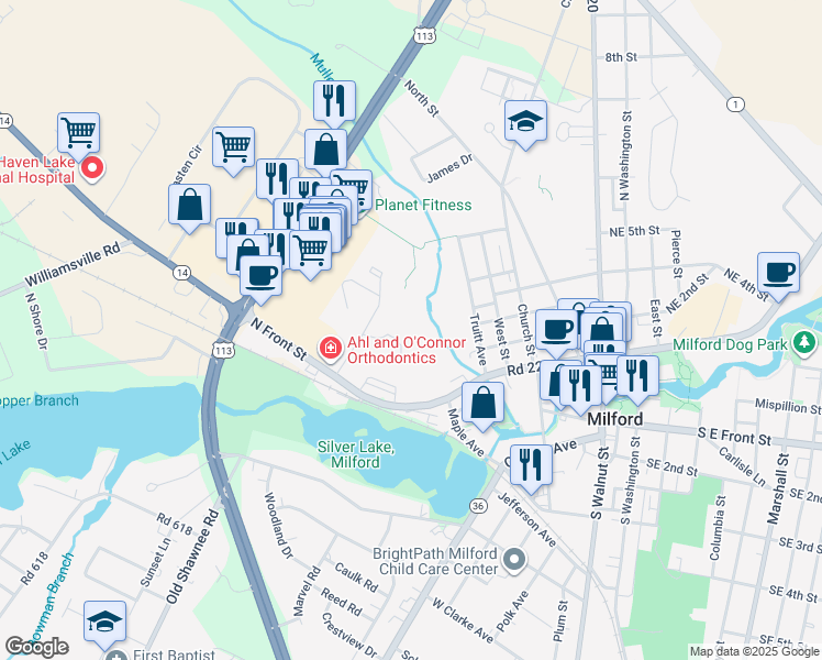 map of restaurants, bars, coffee shops, grocery stores, and more near 100 Valley Drive in Milford