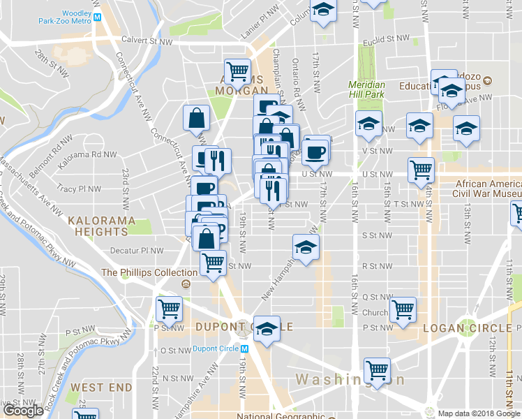 map of restaurants, bars, coffee shops, grocery stores, and more near 1814 T Street Northwest in Washington