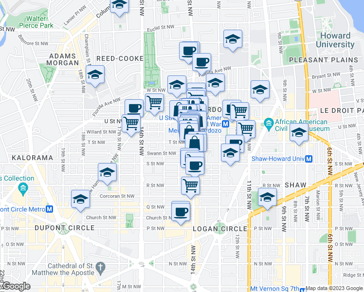 map of restaurants, bars, coffee shops, grocery stores, and more near 1416 T Street Northwest in Washington