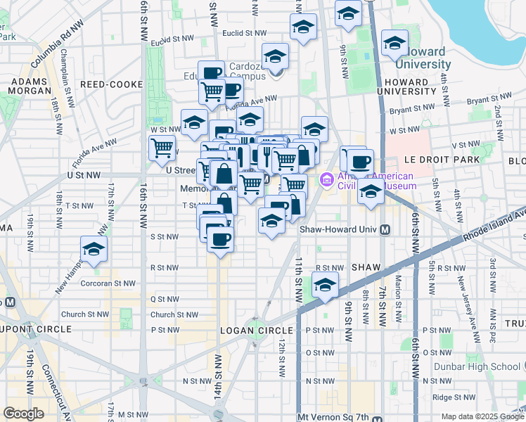 map of restaurants, bars, coffee shops, grocery stores, and more near 1839 13th Street Northwest in Washington