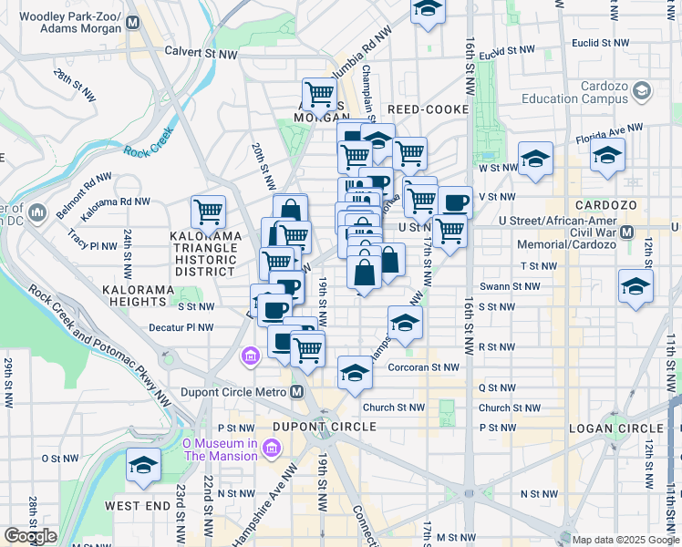 map of restaurants, bars, coffee shops, grocery stores, and more near 1822 T Street Northwest in Washington