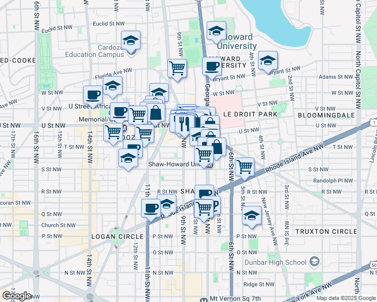 map of restaurants, bars, coffee shops, grocery stores, and more near 101 Independence Avenue Southeast in Washington