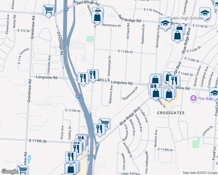 map of restaurants, bars, coffee shops, grocery stores, and more near 11500 Belmont Avenue in Kansas City