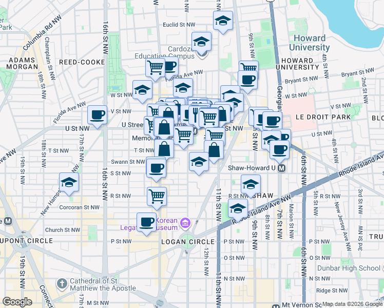 map of restaurants, bars, coffee shops, grocery stores, and more near 1839 13th Street Northwest in Washington