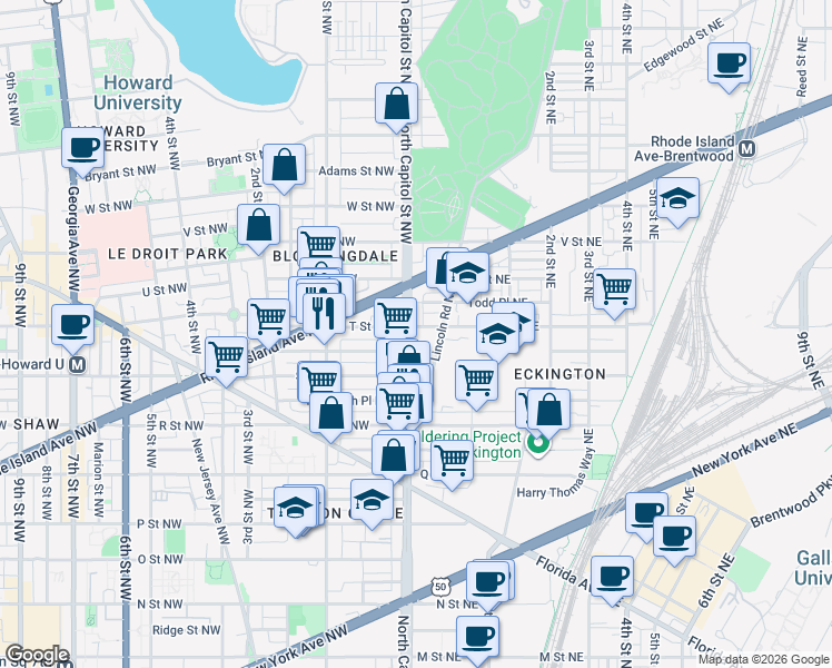 map of restaurants, bars, coffee shops, grocery stores, and more near 101 Independence Avenue Southeast in Washington