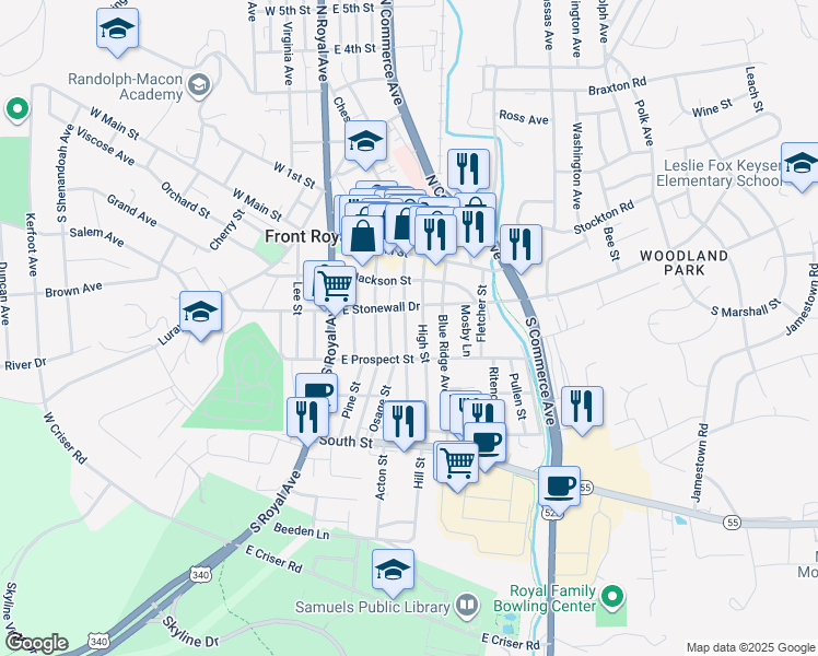 map of restaurants, bars, coffee shops, grocery stores, and more near 216 Cloud Street in Front Royal