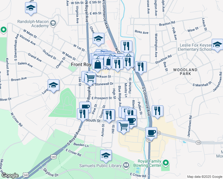 map of restaurants, bars, coffee shops, grocery stores, and more near 216 Cloud Street in Front Royal