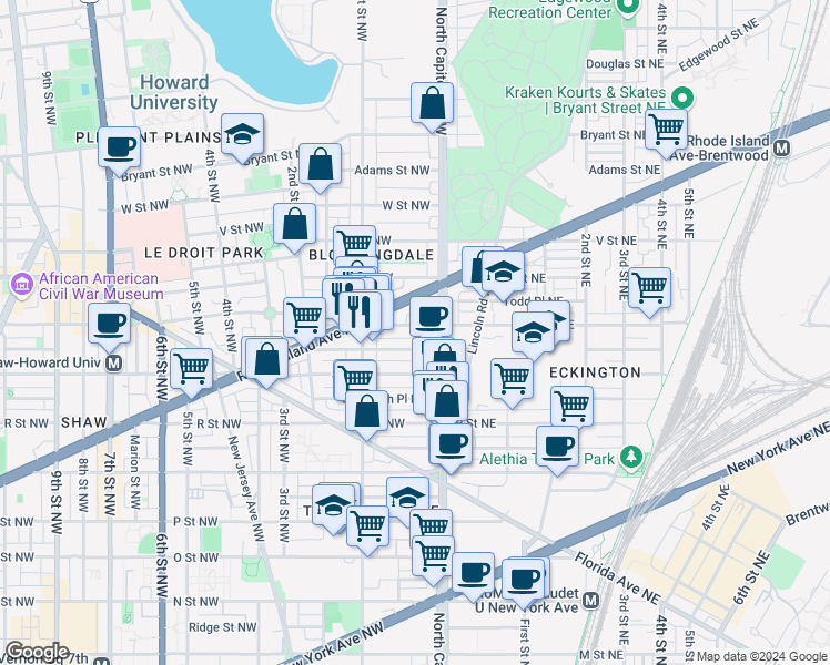 map of restaurants, bars, coffee shops, grocery stores, and more near 28 T Street Northwest in Washington