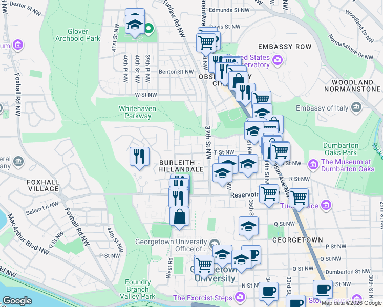 map of restaurants, bars, coffee shops, grocery stores, and more near 38th Street Northwest & T Street Northwest in Washington