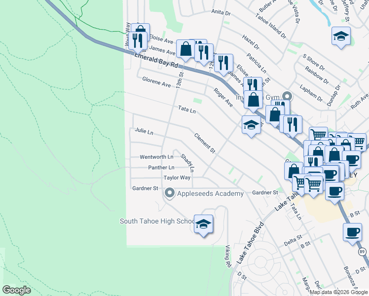 map of restaurants, bars, coffee shops, grocery stores, and more near 760 Clement Street in South Lake Tahoe