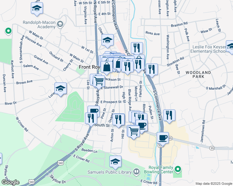 map of restaurants, bars, coffee shops, grocery stores, and more near 219 Cloud Street in Front Royal