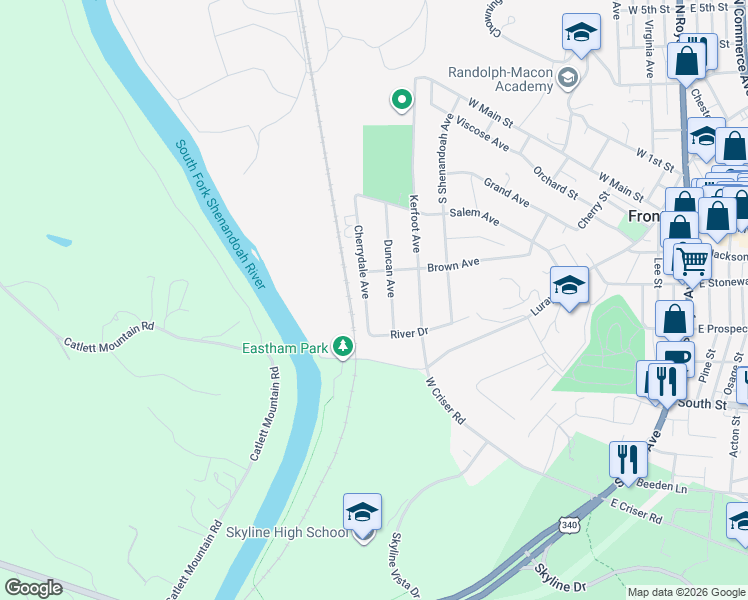 map of restaurants, bars, coffee shops, grocery stores, and more near 609 Brown Avenue in Front Royal