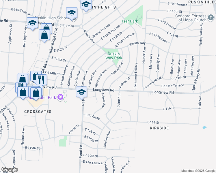 map of restaurants, bars, coffee shops, grocery stores, and more near 11419 Palmer Avenue in Kansas City