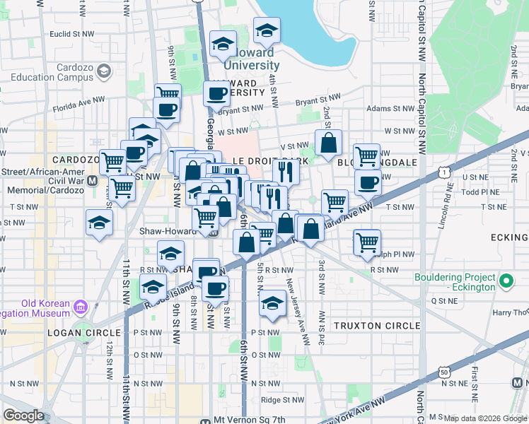 map of restaurants, bars, coffee shops, grocery stores, and more near 101 Independence Avenue Southeast in Washington