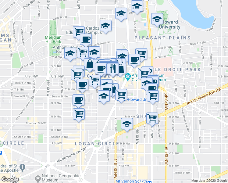 map of restaurants, bars, coffee shops, grocery stores, and more near 1836 11th Street Northwest in Washington, D.C.