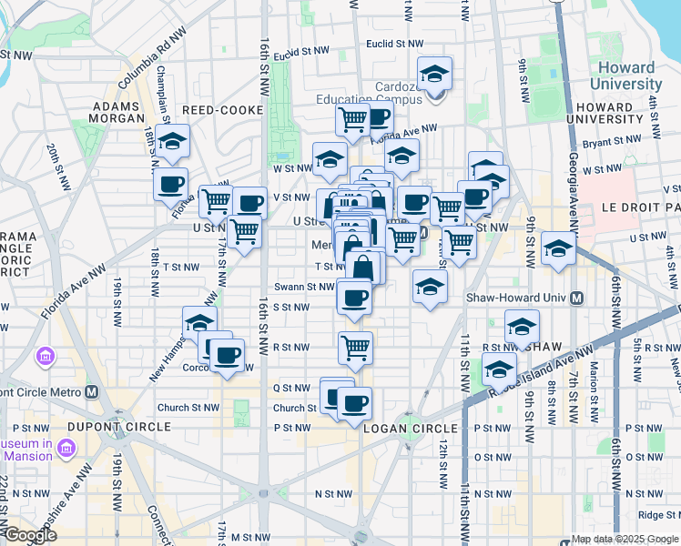 map of restaurants, bars, coffee shops, grocery stores, and more near 1416 T Street Northwest in Washington