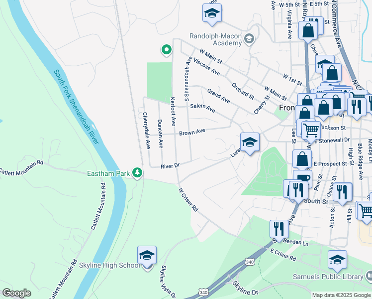map of restaurants, bars, coffee shops, grocery stores, and more near 417 South Shenandoah Avenue in Front Royal
