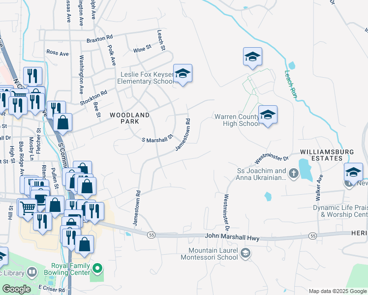 map of restaurants, bars, coffee shops, grocery stores, and more near 218 Jamestown Road in Front Royal