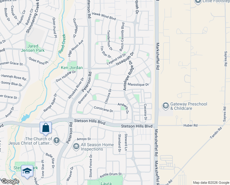 map of restaurants, bars, coffee shops, grocery stores, and more near 7425 Prythania Park Dr in Colorado Springs