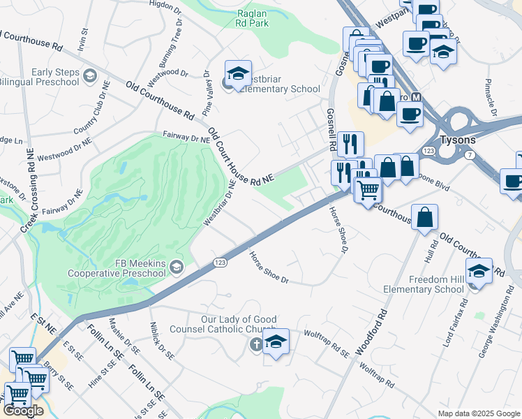 map of restaurants, bars, coffee shops, grocery stores, and more near 108 Saratoga Waye Northeast in Vienna