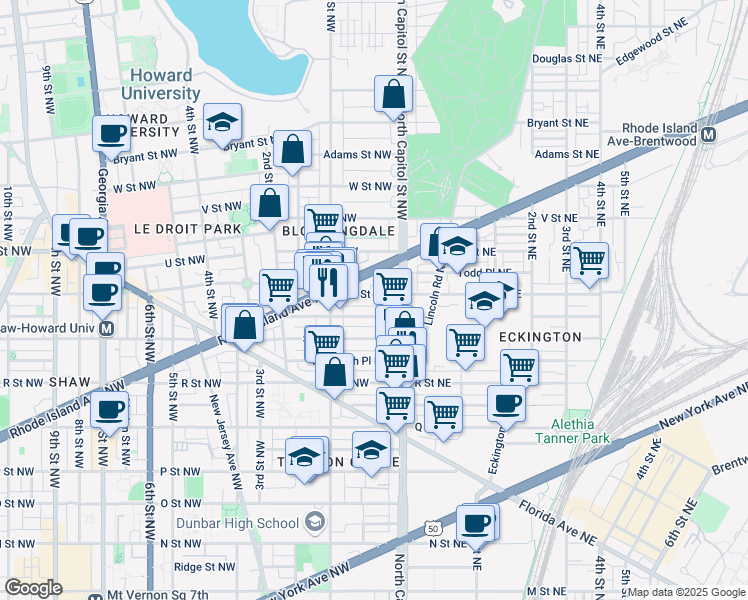 map of restaurants, bars, coffee shops, grocery stores, and more near 34 T Street Northwest in Washington