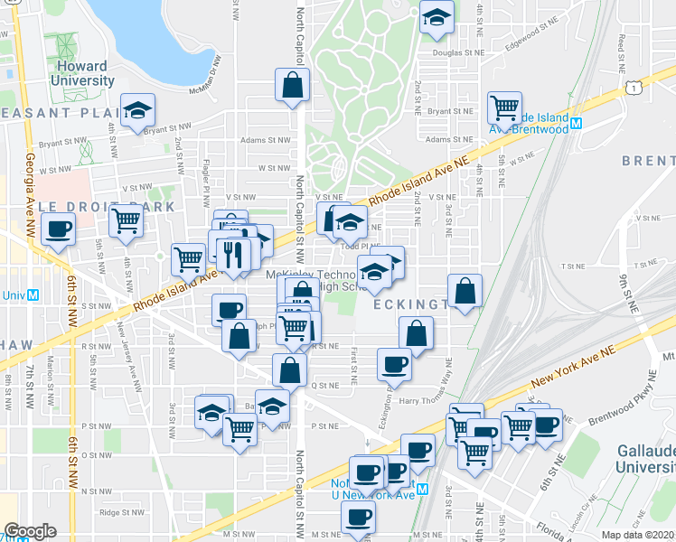 map of restaurants, bars, coffee shops, grocery stores, and more near 43 T Street Northeast in Washington