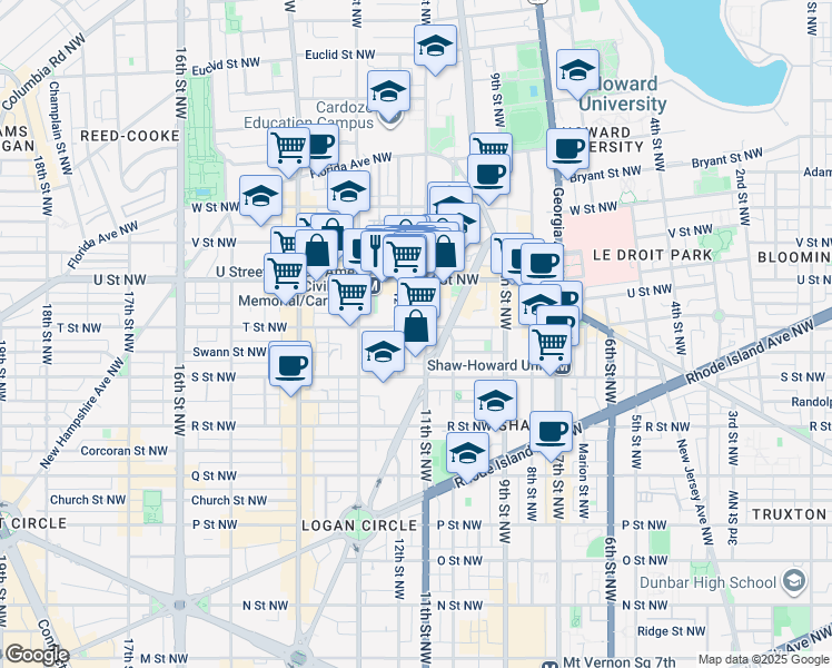 map of restaurants, bars, coffee shops, grocery stores, and more near 1836 11th Street Northwest in Washington, D.C.