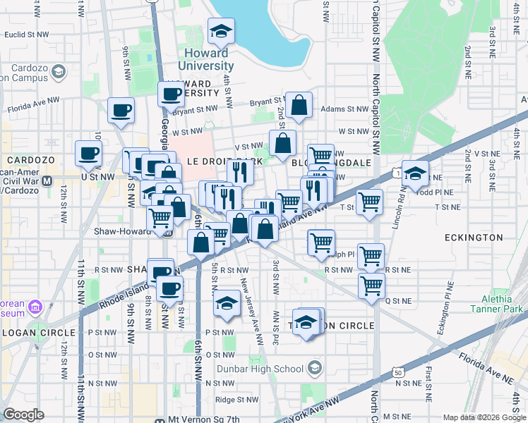 map of restaurants, bars, coffee shops, grocery stores, and more near 101 Independence Avenue Southeast in Washington