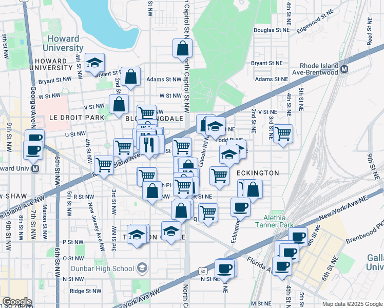 map of restaurants, bars, coffee shops, grocery stores, and more near 101 Independence Avenue Southeast in Washington