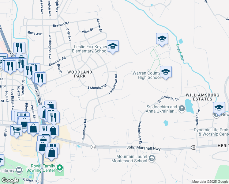 map of restaurants, bars, coffee shops, grocery stores, and more near 218 Jamestown Road in Front Royal