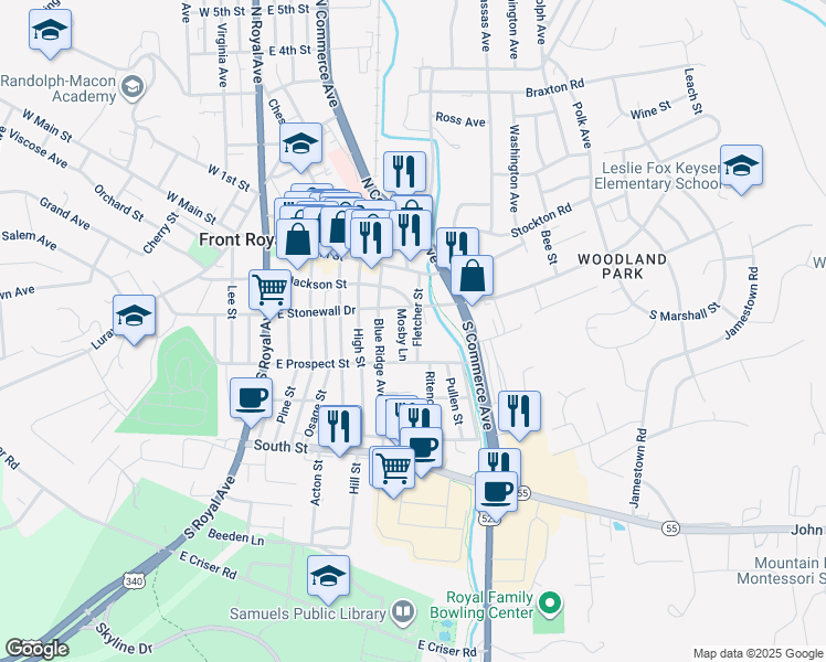 map of restaurants, bars, coffee shops, grocery stores, and more near 219 Fletcher Street in Front Royal