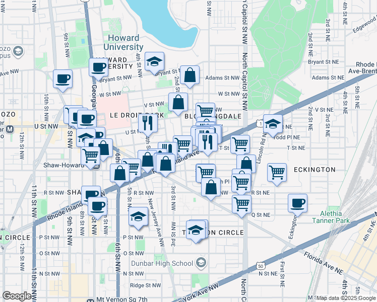 map of restaurants, bars, coffee shops, grocery stores, and more near 101 Independence Avenue Southeast in Washington