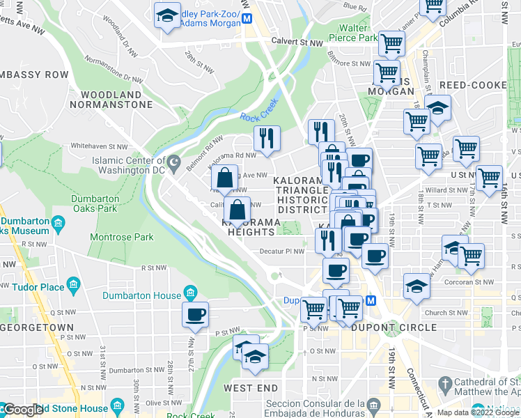 map of restaurants, bars, coffee shops, grocery stores, and more near 2326 California Street Northwest in Washington