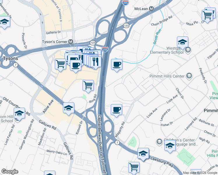 map of restaurants, bars, coffee shops, grocery stores, and more near 1810 Wilson Lane in Tysons