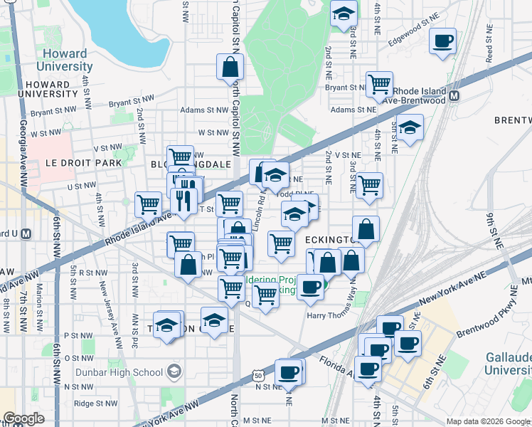 map of restaurants, bars, coffee shops, grocery stores, and more near 101 Independence Avenue Southeast in Washington