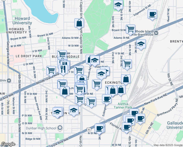map of restaurants, bars, coffee shops, grocery stores, and more near 43 T Street Northeast in Washington
