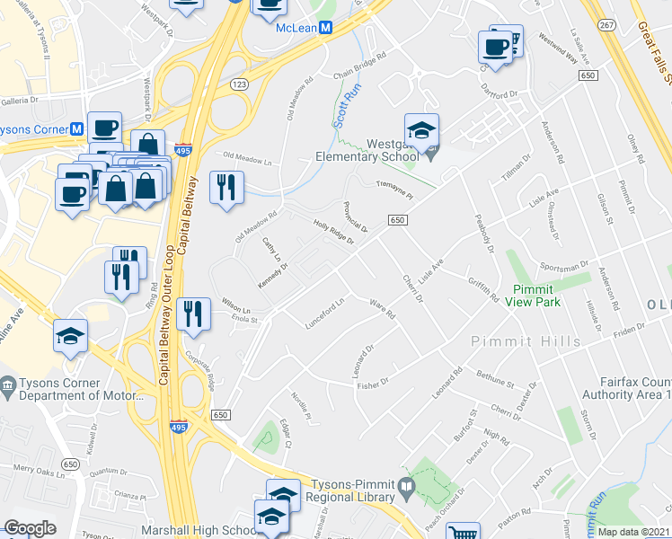 map of restaurants, bars, coffee shops, grocery stores, and more near Magarity Rd & Ware Rd in Tysons Corner