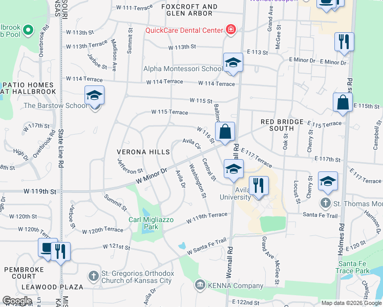 map of restaurants, bars, coffee shops, grocery stores, and more near 313 Avila Circle in Kansas City