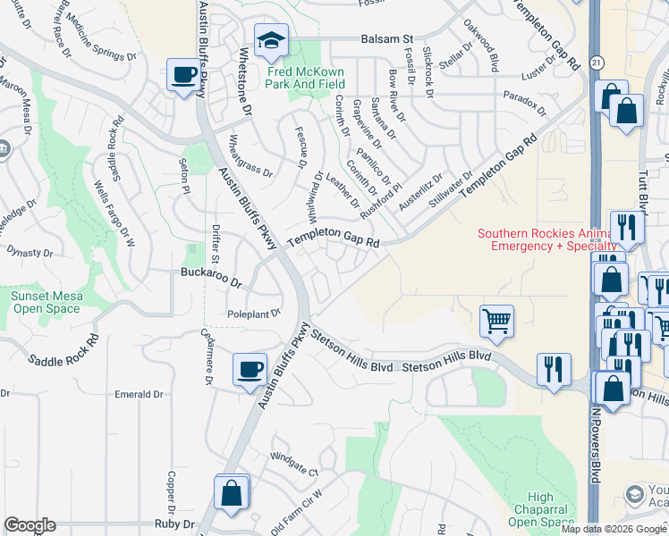 map of restaurants, bars, coffee shops, grocery stores, and more near 5985 Cowboy Heights in Colorado Springs