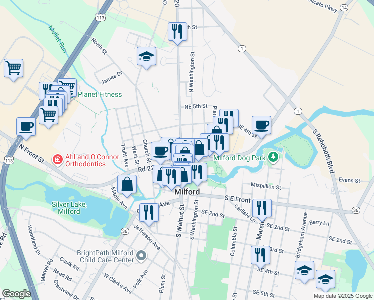 map of restaurants, bars, coffee shops, grocery stores, and more near 203 North Washington Street in Milford