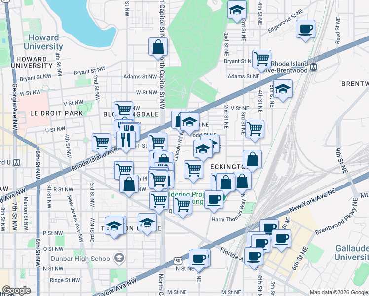 map of restaurants, bars, coffee shops, grocery stores, and more near 101 Independence Avenue Southeast in Washington
