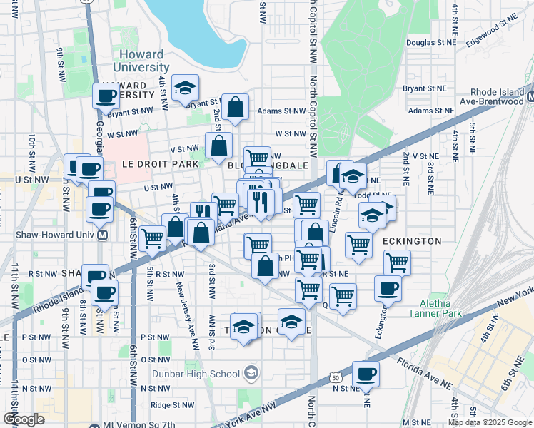 map of restaurants, bars, coffee shops, grocery stores, and more near 101 Independence Avenue Southeast in Washington