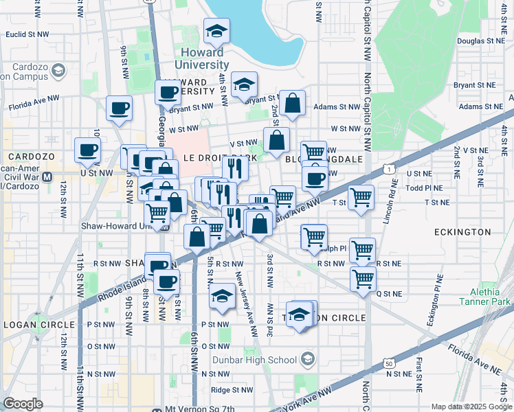 map of restaurants, bars, coffee shops, grocery stores, and more near 101 Independence Avenue Southeast in Washington